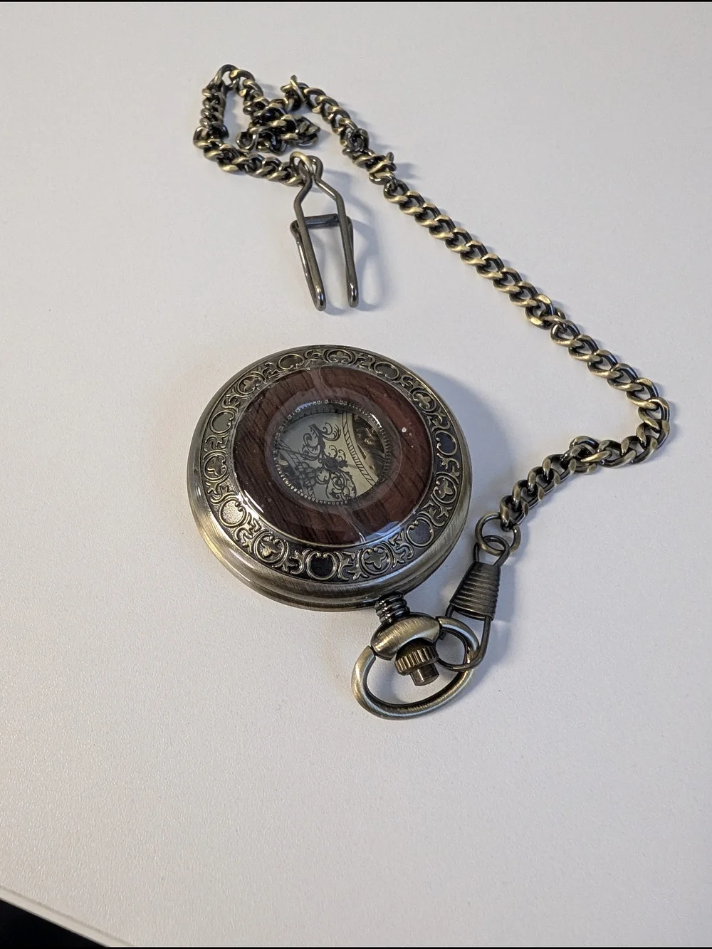 Antique-Style Bronze Pocket Watch with Wood Accent - Brown/Gold